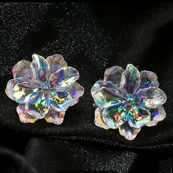 Camellia Iridescent Flower Resin Stud Boho, Holiday Crystal Luxury Earrings - Picture 2 of 10
